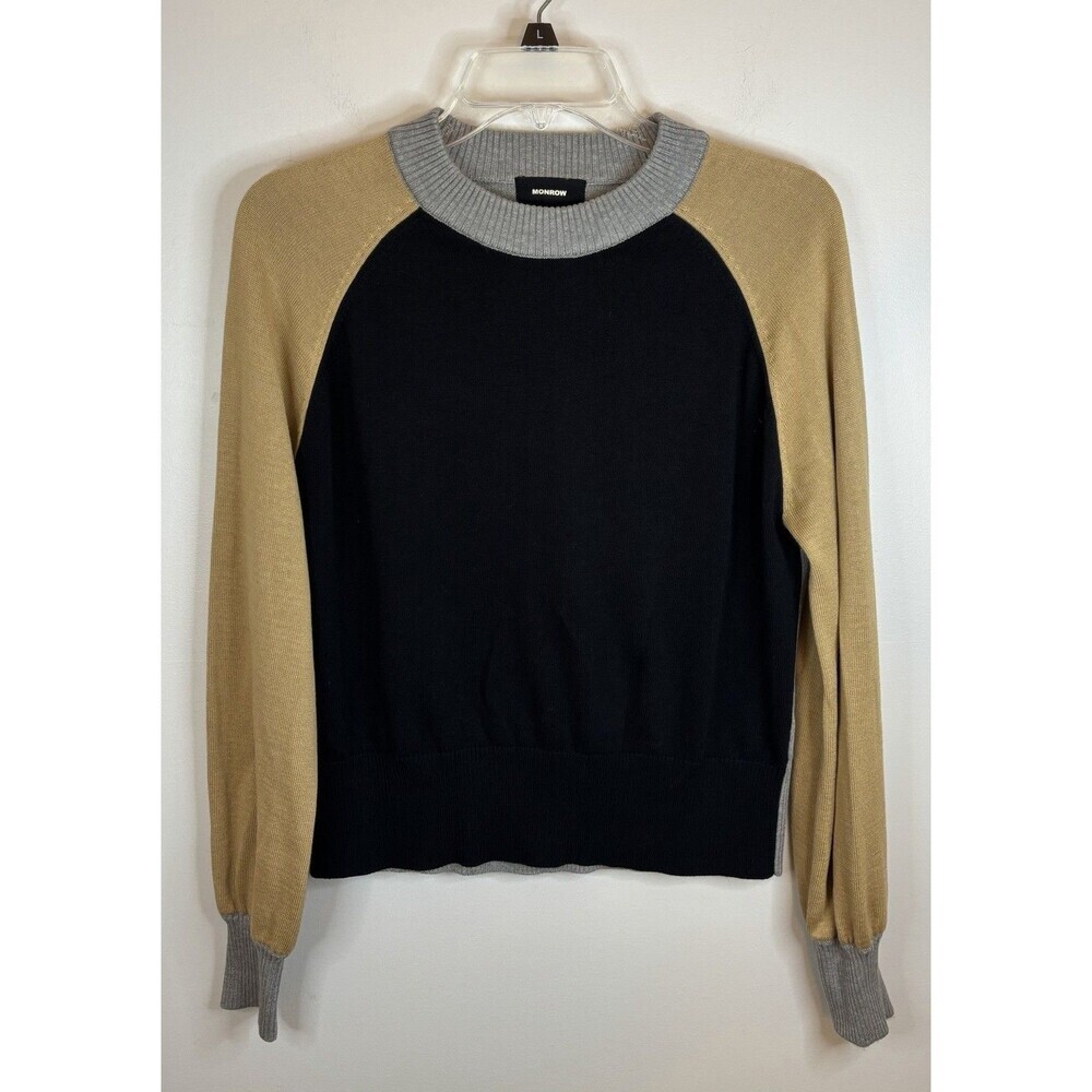 MONROW Womens Black Colorblock Cotton Blend Crew Neck Pullover Sweater Small